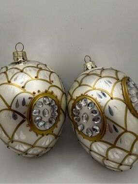 Vtg Large Gold Silver Jeweled Egg Blown Glass Christmas Ornaments 5” lot 2 Xmas